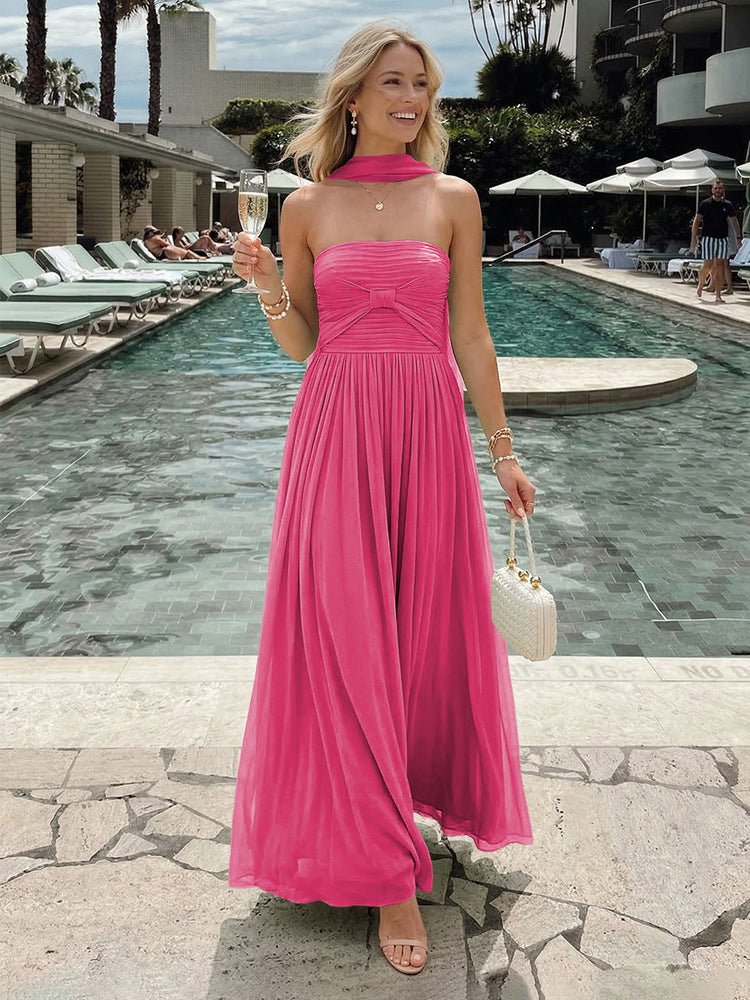 Chiffon A-Line Strapless Long Bridesmaid Dresses with Pleats