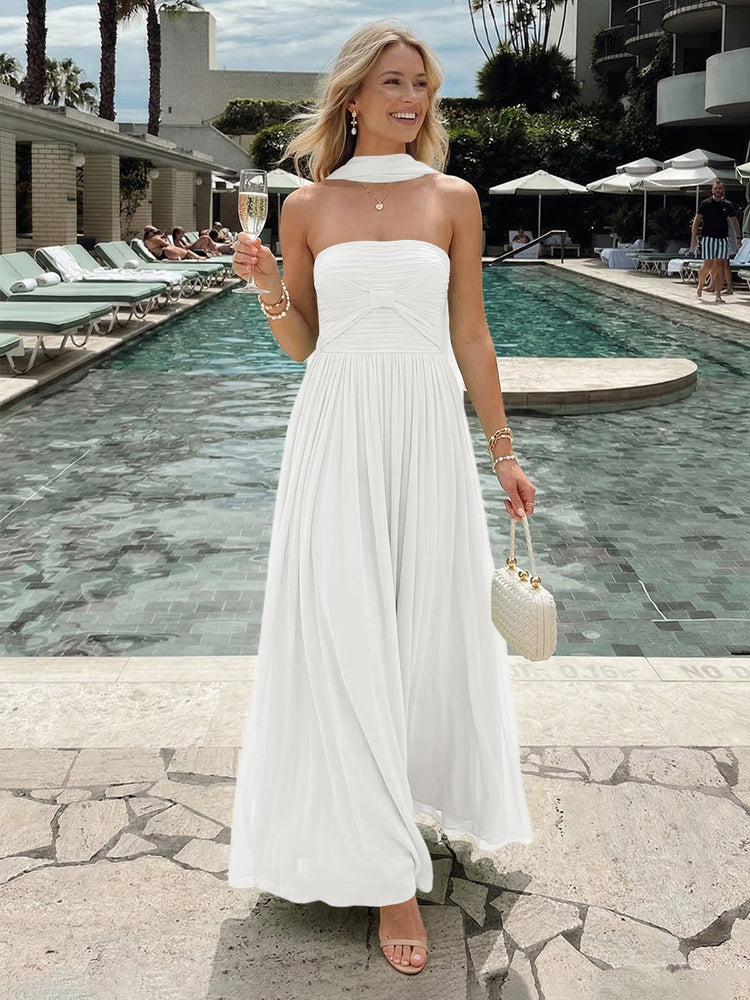Chiffon A-Line Strapless Long Bridesmaid Dresses with Pleats