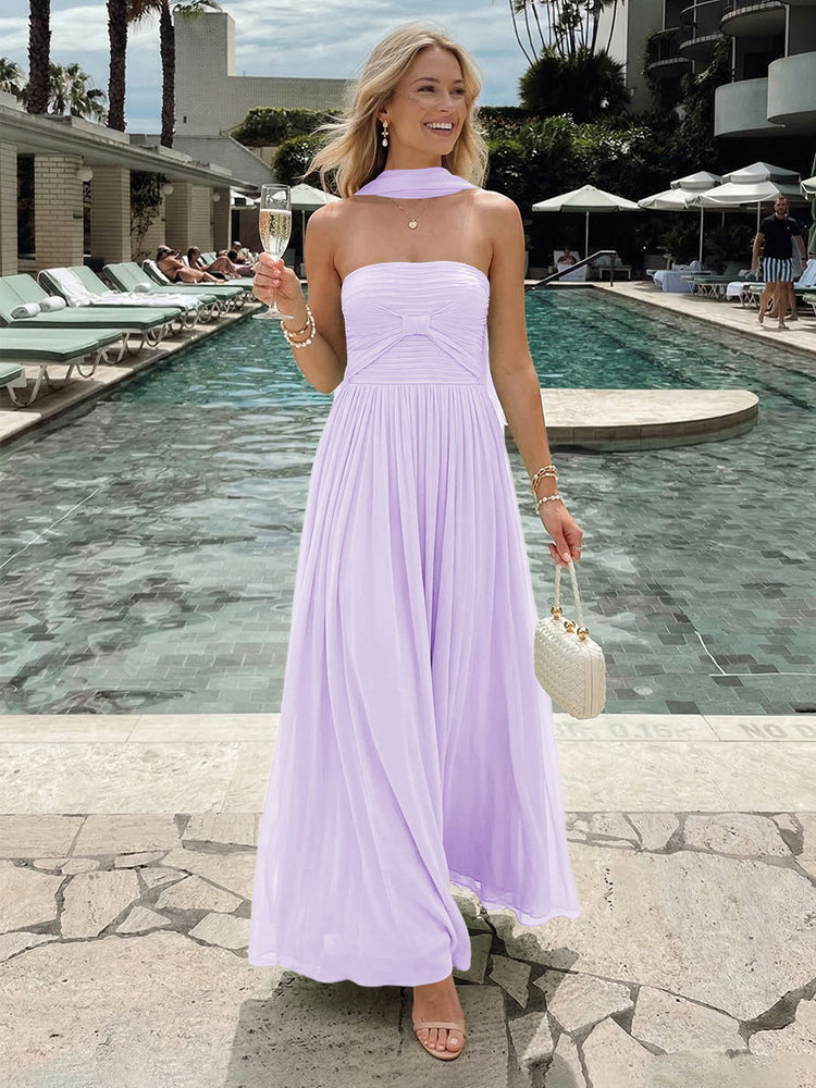 Chiffon A-Line Strapless Long Bridesmaid Dresses with Pleats