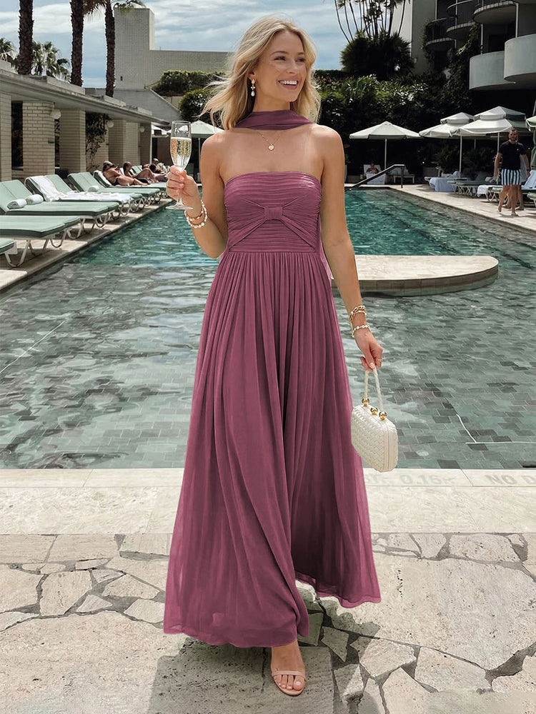 Chiffon A-Line Strapless Long Bridesmaid Dresses with Pleats