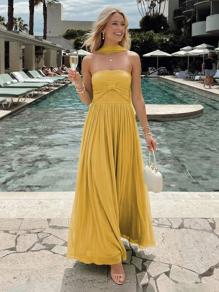 Chiffon A-Line Strapless Long Bridesmaid Dresses with Pleats