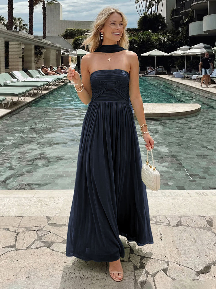 Chiffon A-Line Strapless Long Bridesmaid Dresses with Pleats