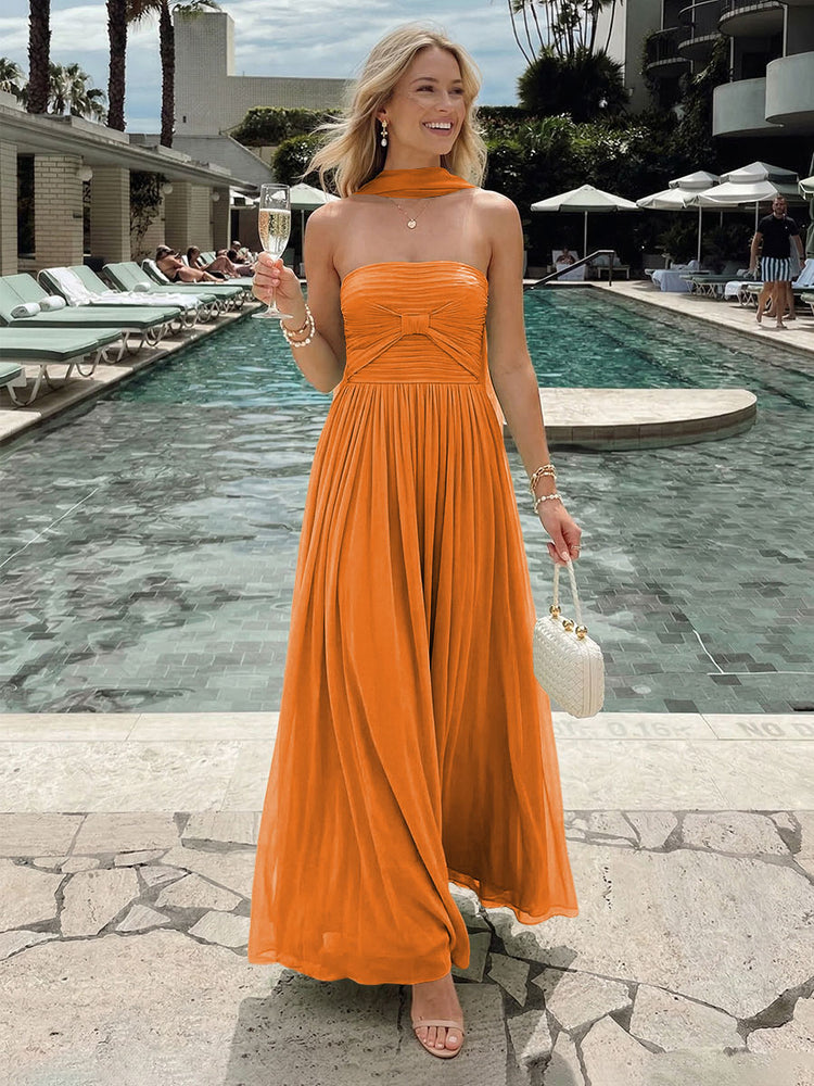 Chiffon A-Line Strapless Long Bridesmaid Dresses with Pleats