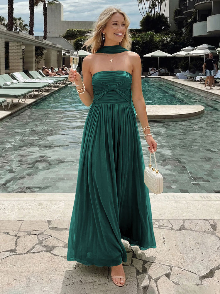 Chiffon A-Line Strapless Long Bridesmaid Dresses with Pleats