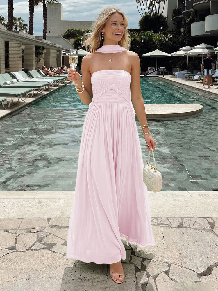 Chiffon A-Line Strapless Long Bridesmaid Dresses with Pleats