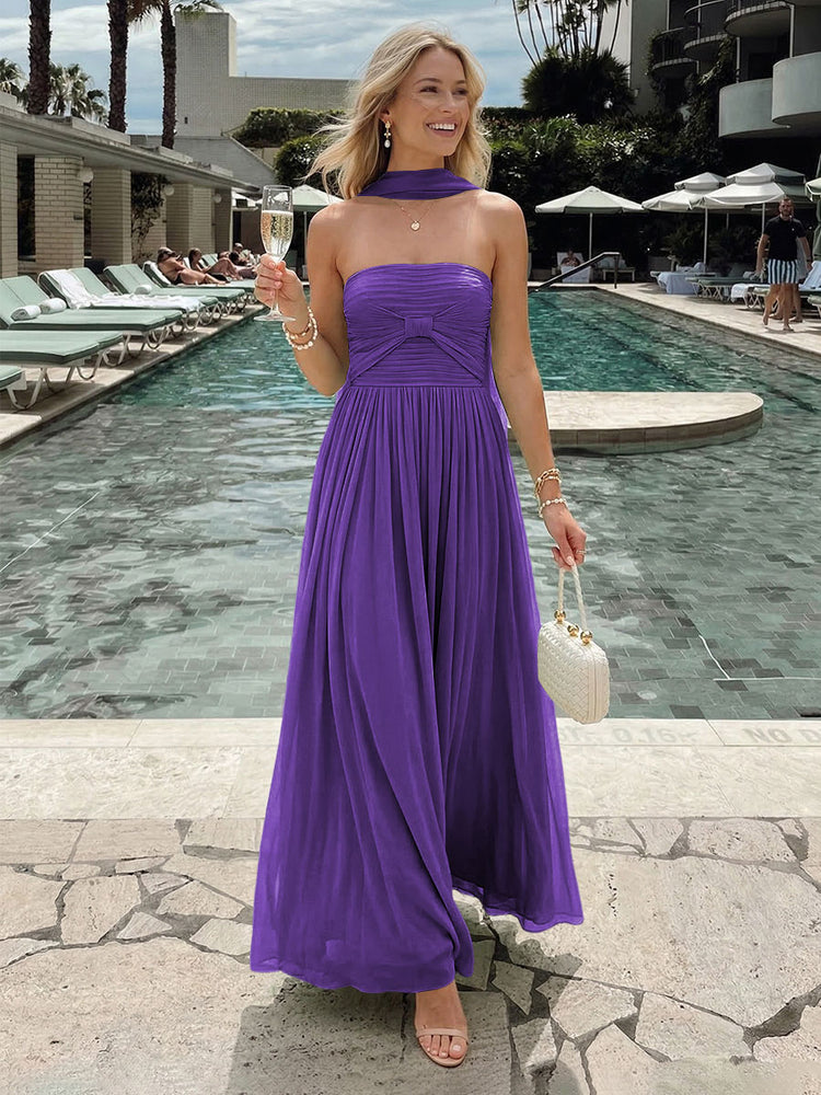 Chiffon A-Line Strapless Long Bridesmaid Dresses with Pleats