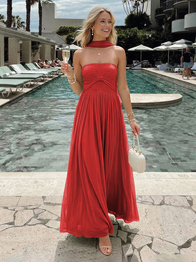 Chiffon A-Line Strapless Long Bridesmaid Dresses with Pleats