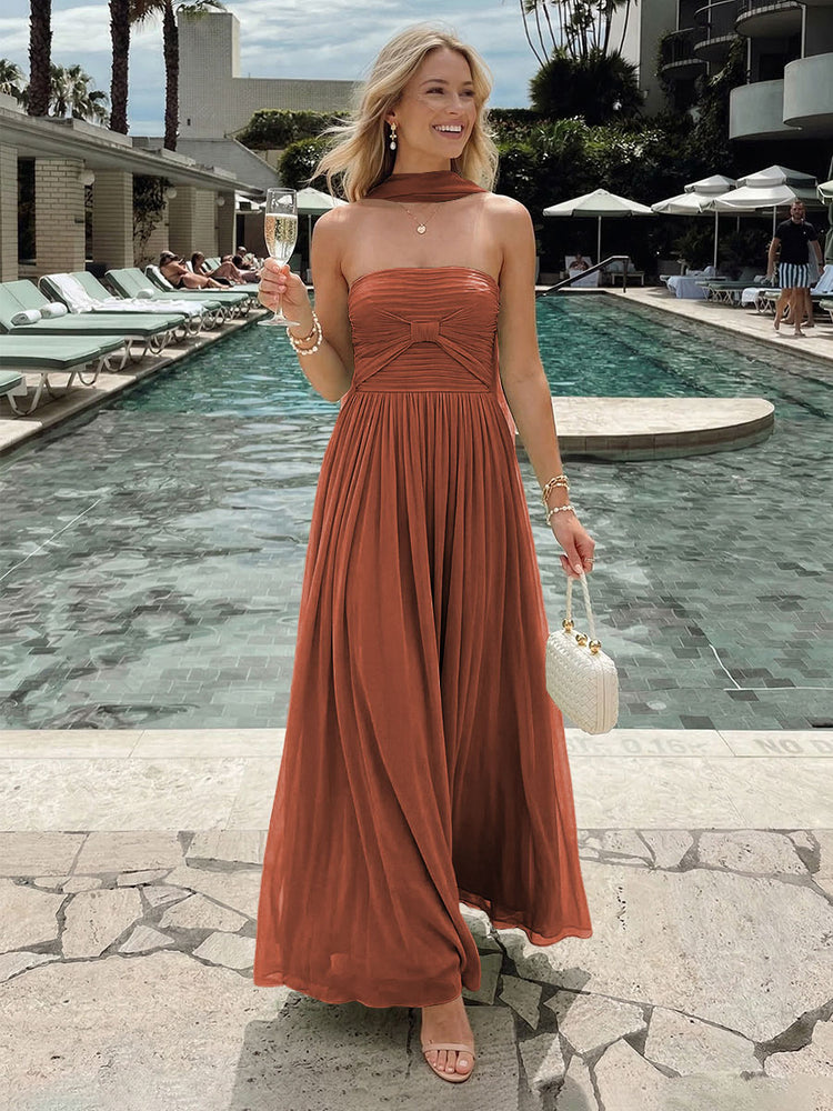 Chiffon A-Line Strapless Long Bridesmaid Dresses with Pleats