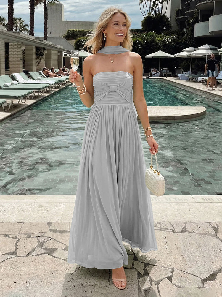 Chiffon A-Line Strapless Long Bridesmaid Dresses with Pleats