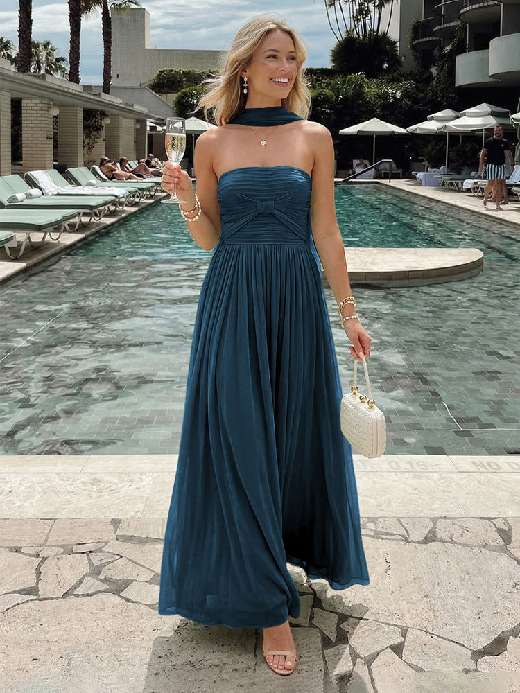 Chiffon A-Line Strapless Long Bridesmaid Dresses with Pleats