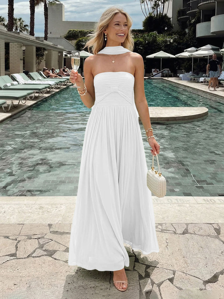 Chiffon A-Line Strapless Long Bridesmaid Dresses with Pleats