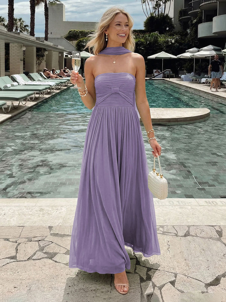 Chiffon A-Line Strapless Long Bridesmaid Dresses with Pleats