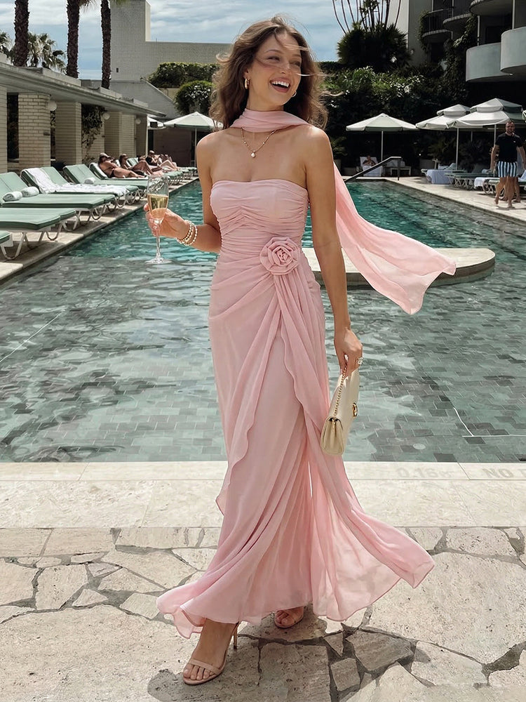 Chiffon Mermaid Strapless Long Bridesmaid Dresses with 3D Flowers