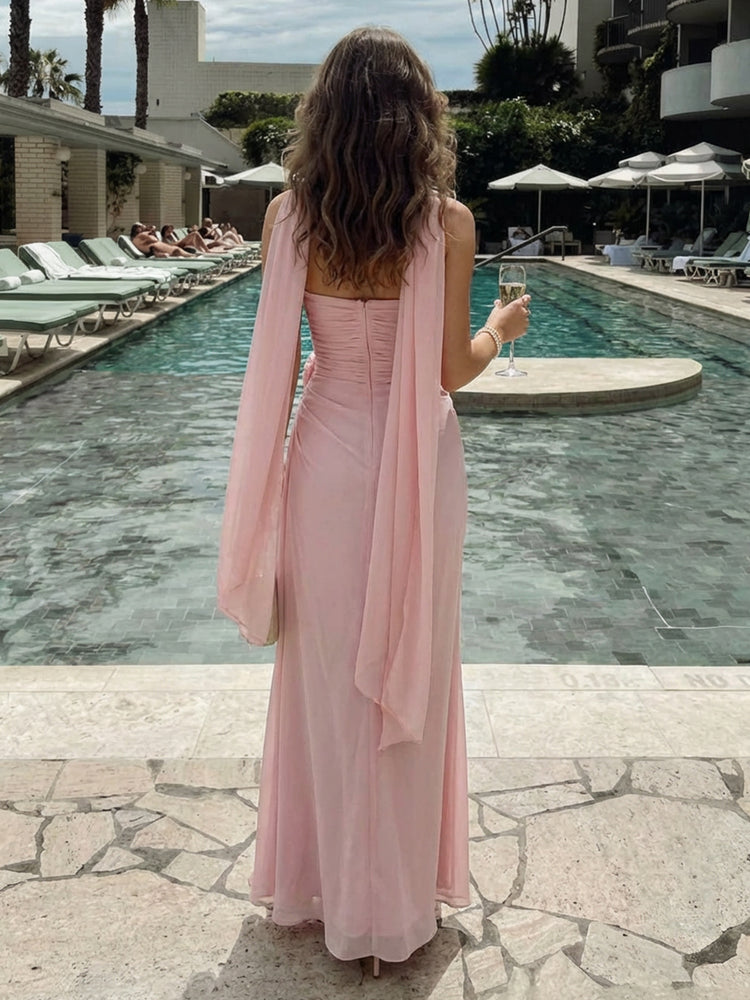 Chiffon Mermaid Strapless Long Bridesmaid Dresses with 3D Flowers
