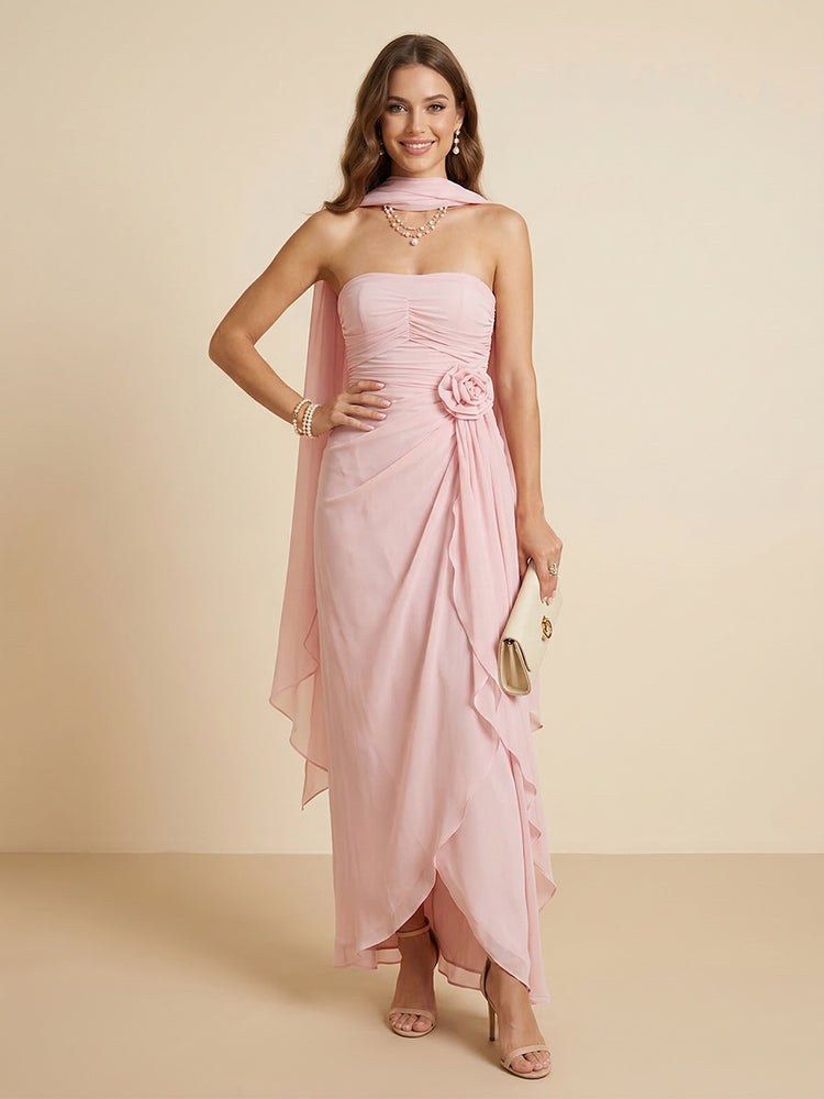 Chiffon Mermaid Strapless Long Bridesmaid Dresses with 3D Flowers