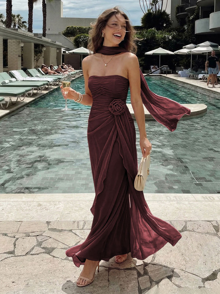 Chiffon Mermaid Strapless Long Bridesmaid Dresses with 3D Flowers