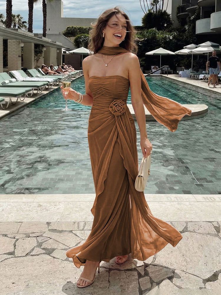 Chiffon Mermaid Strapless Long Bridesmaid Dresses with 3D Flowers