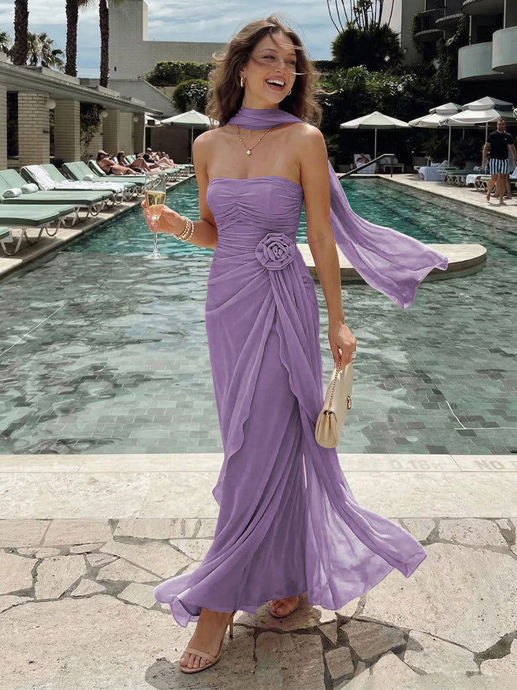 Chiffon Mermaid Strapless Long Bridesmaid Dresses with 3D Flowers