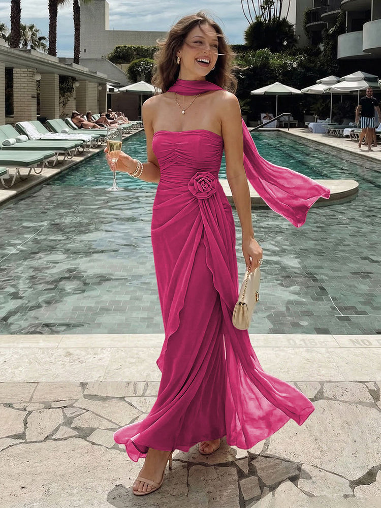 Chiffon Mermaid Strapless Long Bridesmaid Dresses with 3D Flowers