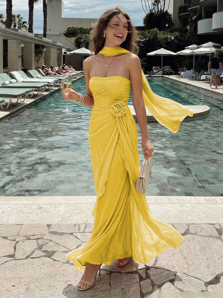 Chiffon Mermaid Strapless Long Bridesmaid Dresses with 3D Flowers