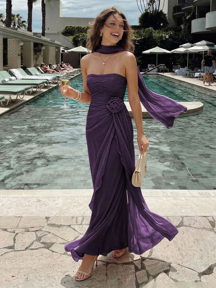 Chiffon Mermaid Strapless Long Bridesmaid Dresses with 3D Flowers