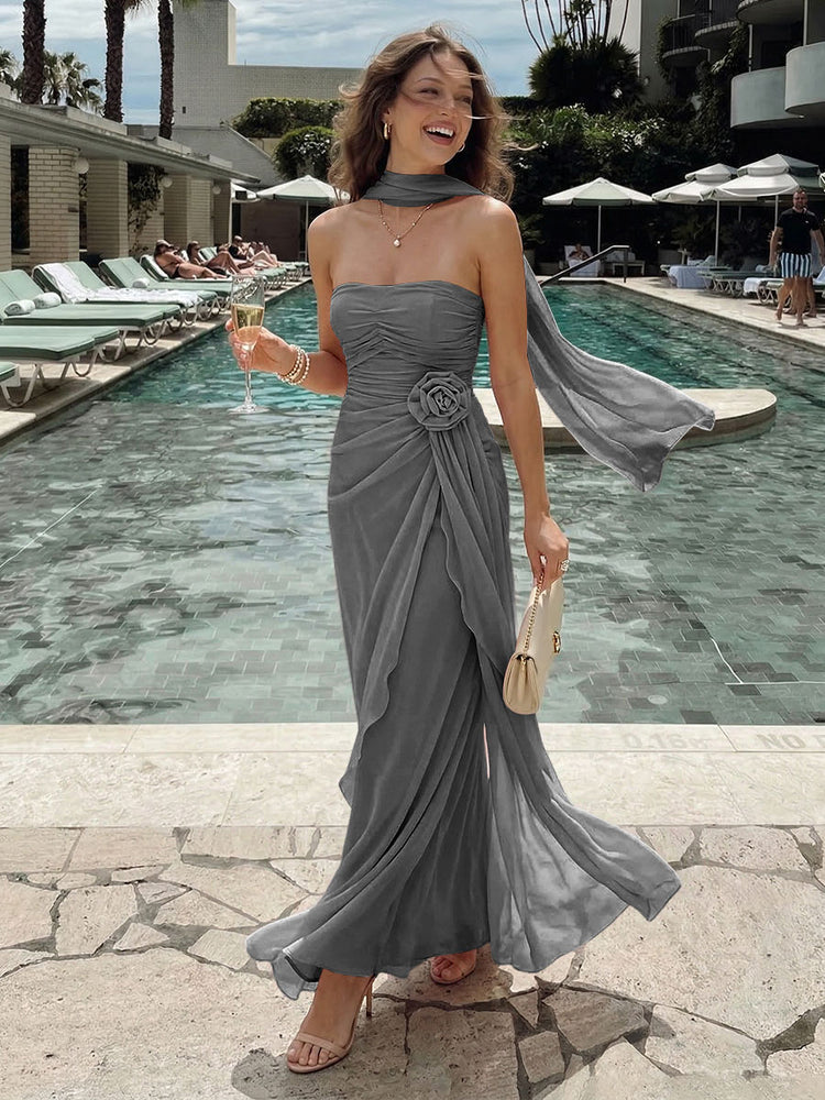 Chiffon Mermaid Strapless Long Bridesmaid Dresses with 3D Flowers