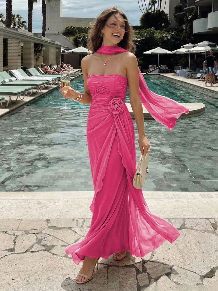 Chiffon Mermaid Strapless Long Bridesmaid Dresses with 3D Flowers