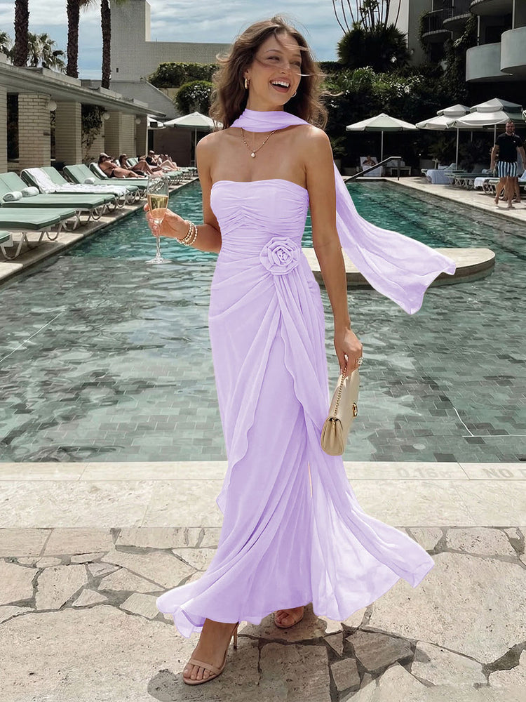 Chiffon Mermaid Strapless Long Bridesmaid Dresses with 3D Flowers