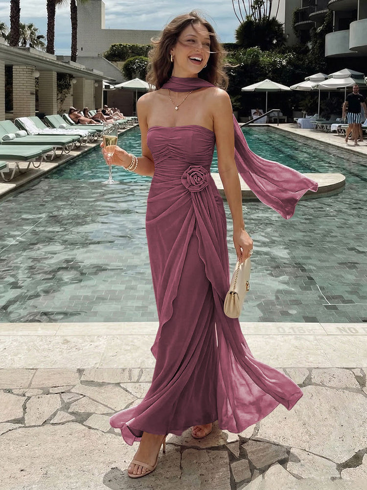 Chiffon Mermaid Strapless Long Bridesmaid Dresses with 3D Flowers