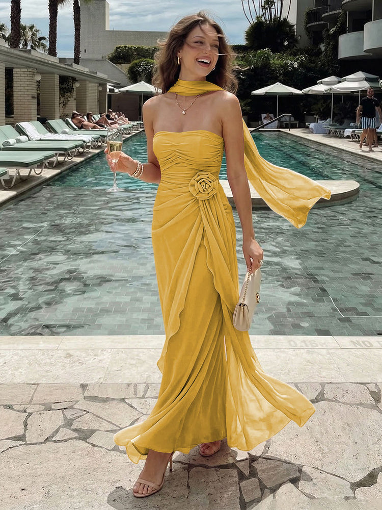 Chiffon Mermaid Strapless Long Bridesmaid Dresses with 3D Flowers