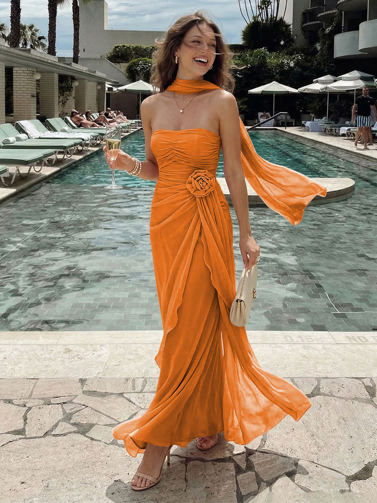 Chiffon Mermaid Strapless Long Bridesmaid Dresses with 3D Flowers