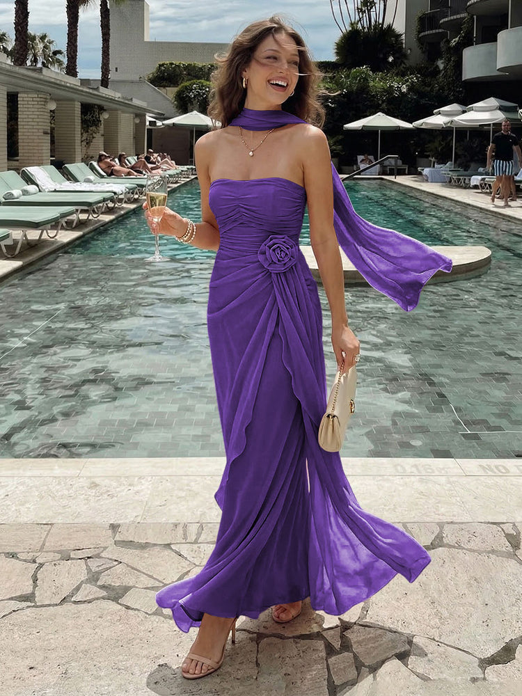 Chiffon Mermaid Strapless Long Bridesmaid Dresses with 3D Flowers
