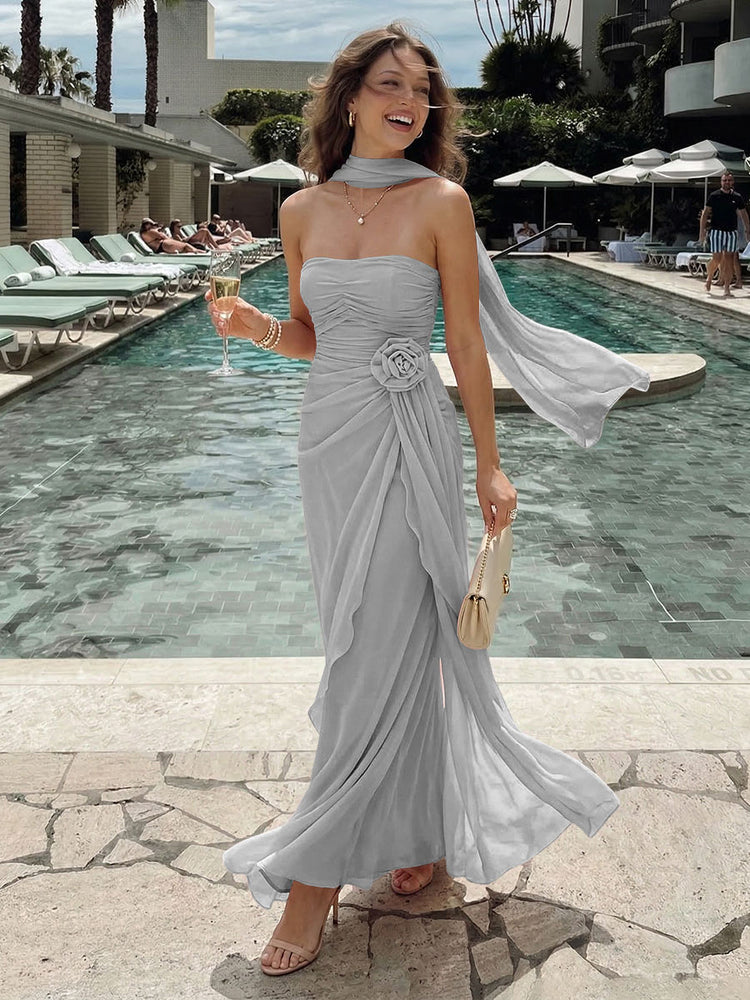 Chiffon Mermaid Strapless Long Bridesmaid Dresses with 3D Flowers