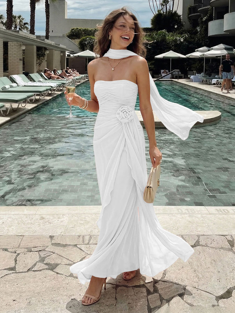 Chiffon Mermaid Strapless Long Bridesmaid Dresses with 3D Flowers