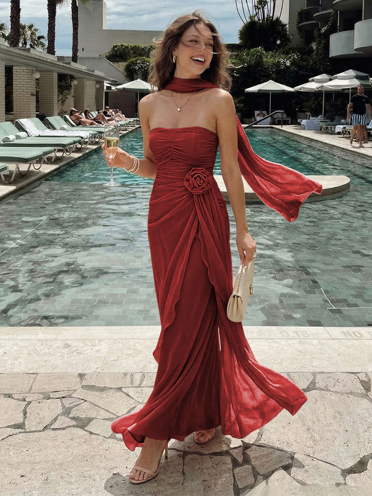 Chiffon Mermaid Strapless Long Bridesmaid Dresses with 3D Flowers