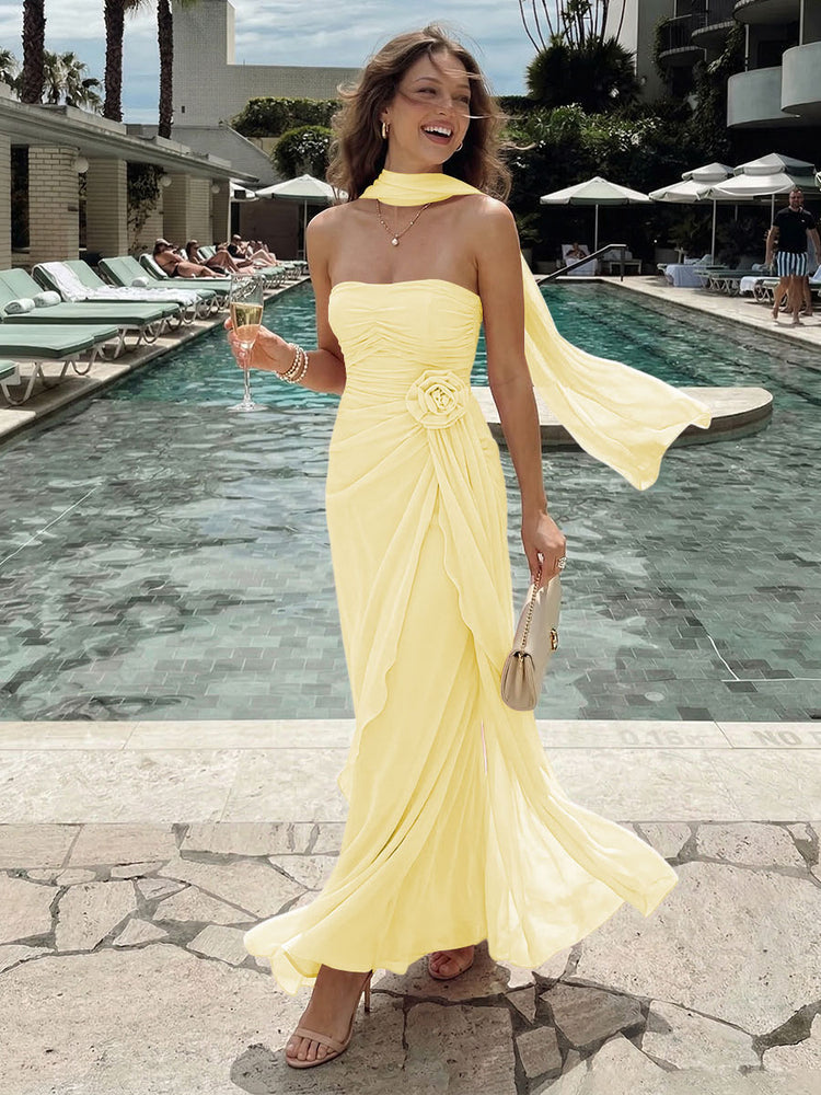 Chiffon Mermaid Strapless Long Bridesmaid Dresses with 3D Flowers