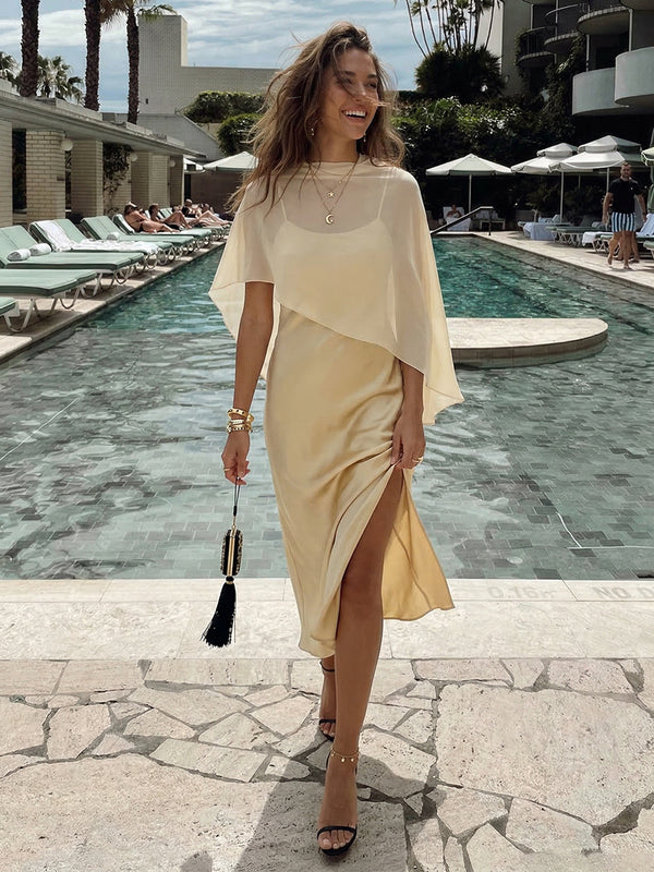 Satin Sheath Spaghetti Straps Midi Bridesmaid Dresses with Slit