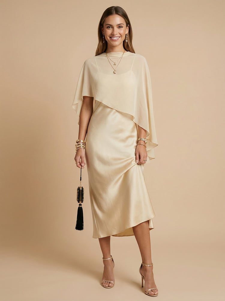 Satin Sheath Spaghetti Straps Midi Bridesmaid Dresses with Slit