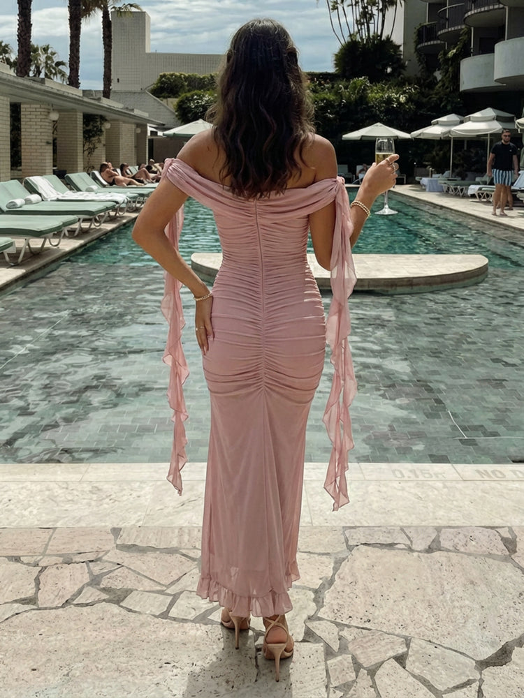 Chiffon Mermaid Off the Shoulder Long Bridesmaid Dresses with Ruffles