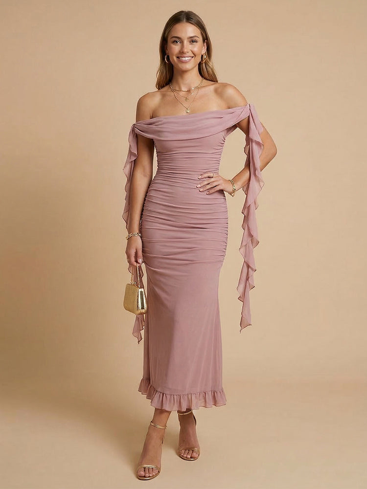 Chiffon Mermaid Off the Shoulder Long Bridesmaid Dresses with Ruffles