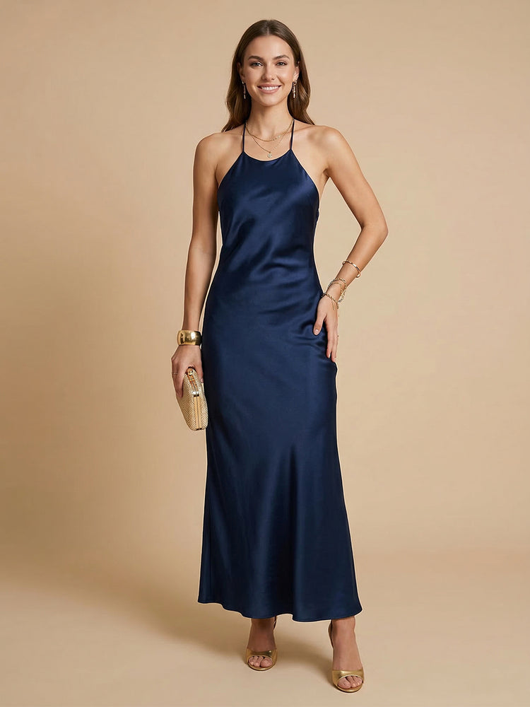Satin Mermaid Halter Long Sleeveless Simple Bridesmaid Dresses