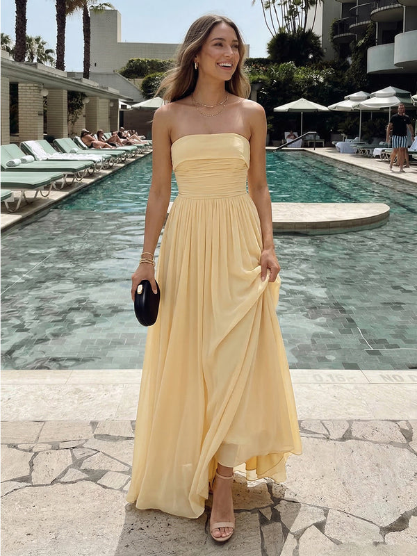 Chiffon A-Line Strapless Long Ruched Bridesmaid Dresses with Pleats