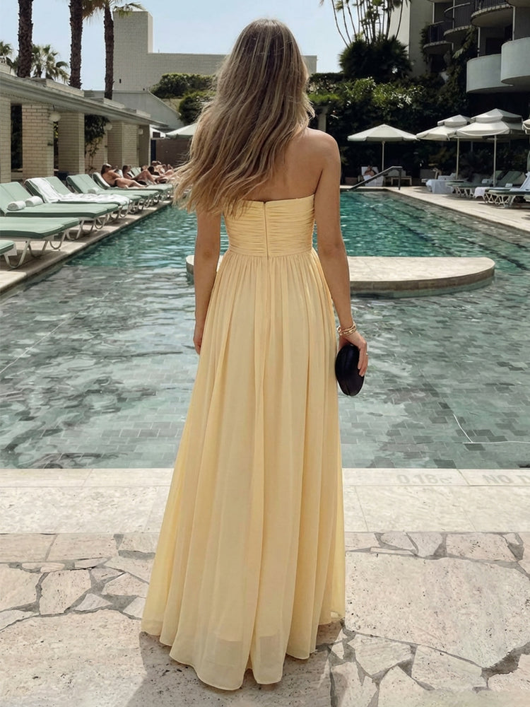 Chiffon A-Line Strapless Long Ruched Bridesmaid Dresses with Pleats
