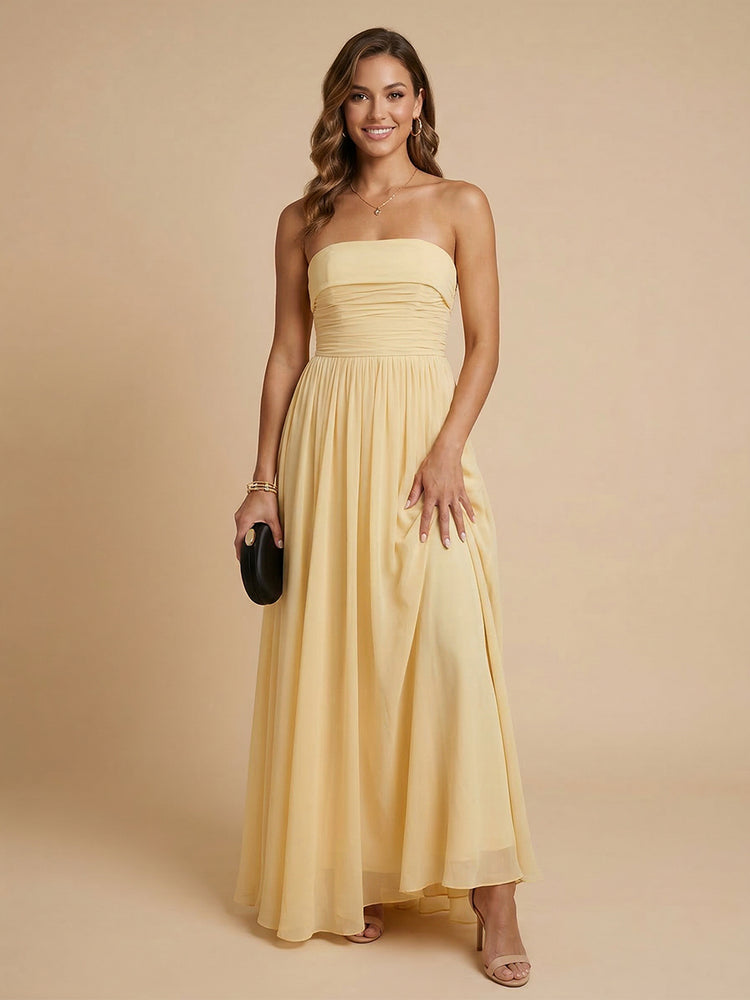 Chiffon A-Line Strapless Long Ruched Bridesmaid Dresses with Pleats