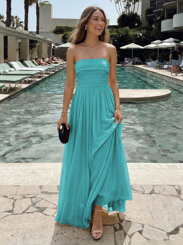 Chiffon A-Line Strapless Long Ruched Bridesmaid Dresses with Pleats