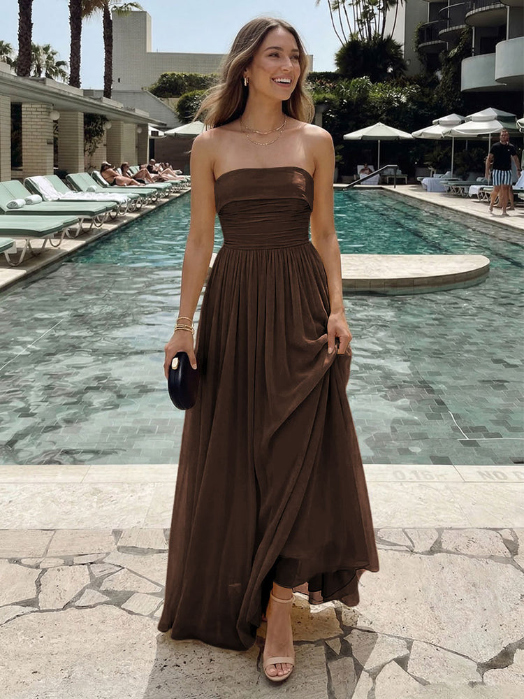 Chiffon A-Line Strapless Long Ruched Bridesmaid Dresses with Pleats