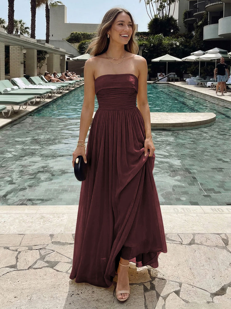 Chiffon A-Line Strapless Long Ruched Bridesmaid Dresses with Pleats