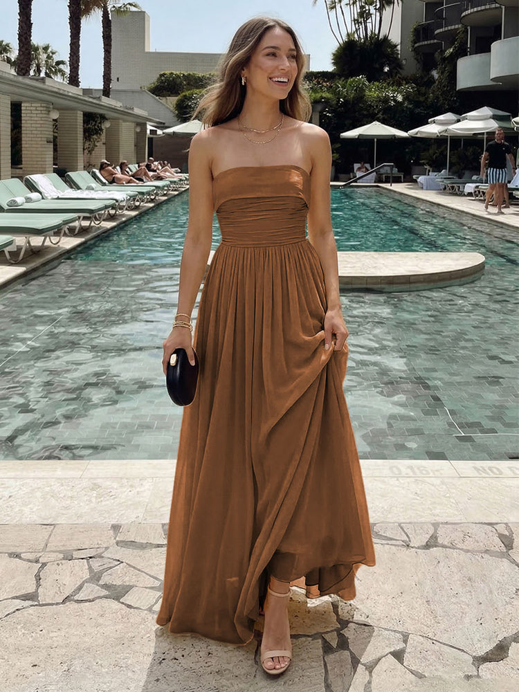 Chiffon A-Line Strapless Long Ruched Bridesmaid Dresses with Pleats