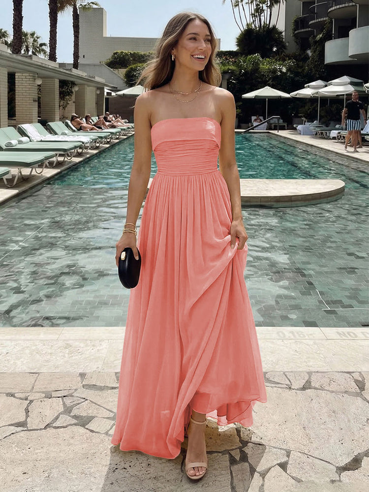 Chiffon A-Line Strapless Long Ruched Bridesmaid Dresses with Pleats