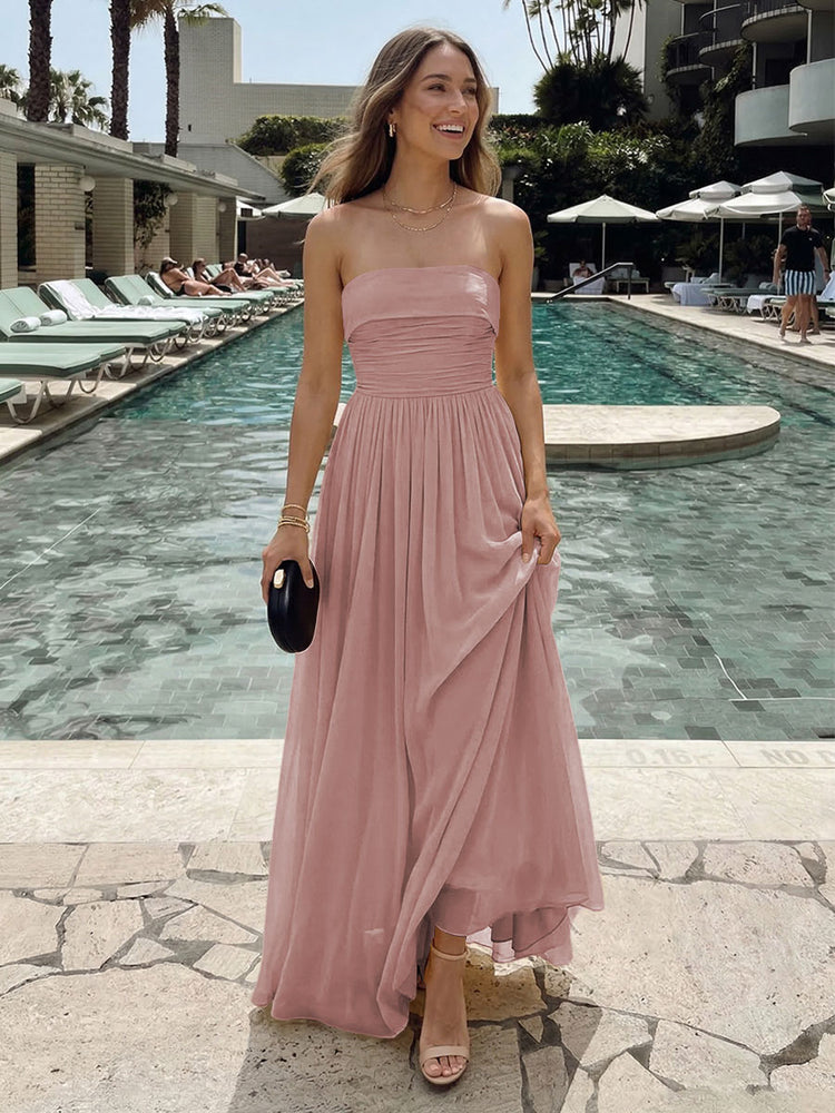 Chiffon A-Line Strapless Long Ruched Bridesmaid Dresses with Pleats